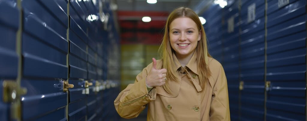 Smiling customer giving a thumbs up while walking down an aisle of secure indoor storage units at Locked Self Storage Alloa.